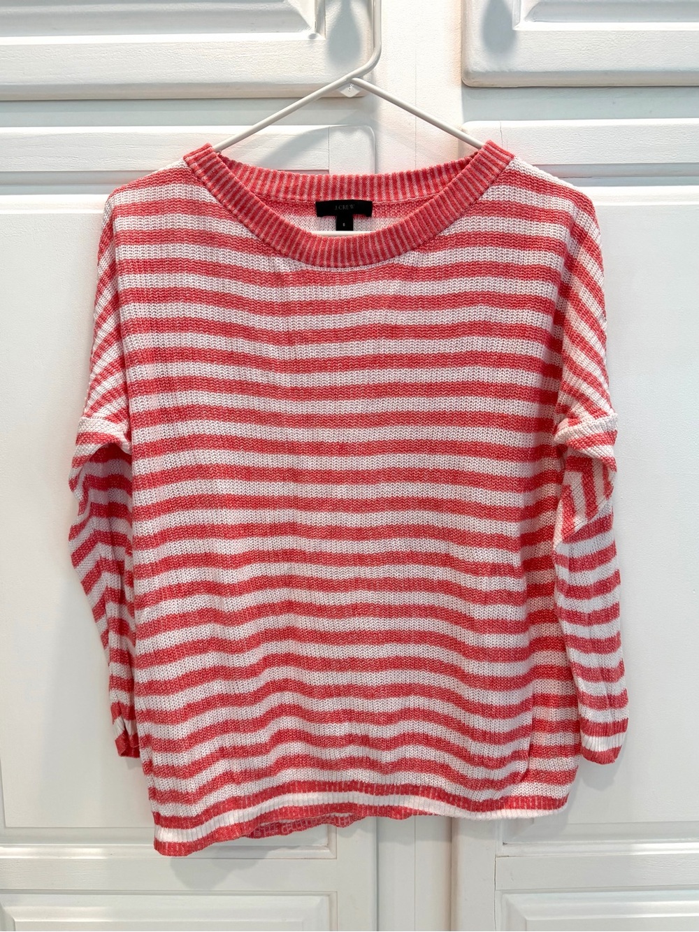 J Crew Womens S Striped Knit Sweater Crew Neck Linen Cotton Pullover Pink White
